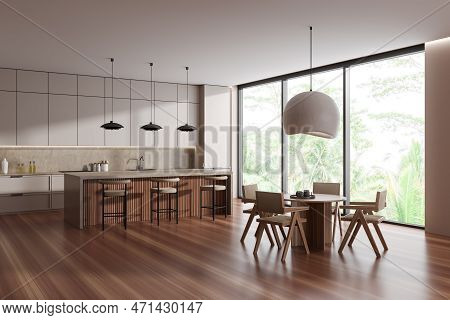 Corner View On Bright Kitchen Room Interior With Dining Table, Armchairs, Panoramic Window, Island, 