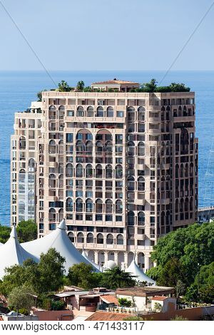 Monte Carlo, Monaco - August 2022: Detail Of Luxury Real Estete Residential Building