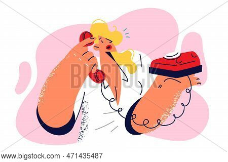 Woman With Phone Answers Calls Working As Secretary In Office Or Customer Service. Elegant Girl Puts