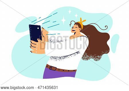 Woman Makes Video Call Using Phone To Communicate With Friends Or Relatives Living In Another City. 