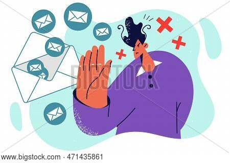 Man Who Does Not Want To Receive Newsletter Makes Stop Sign, Stopping Sent Messages With Uninteresti