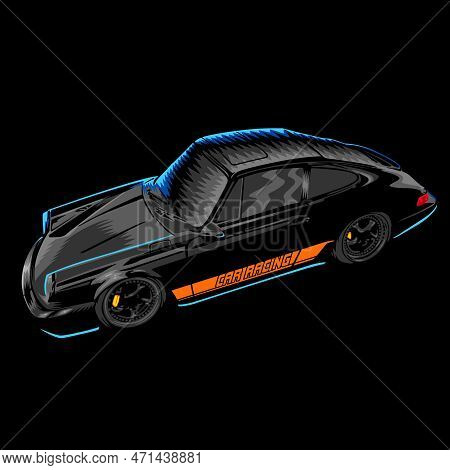 Racing Car With Three Doors On A Black Background. Sports Car With Optic Body.stylish Poster With A 