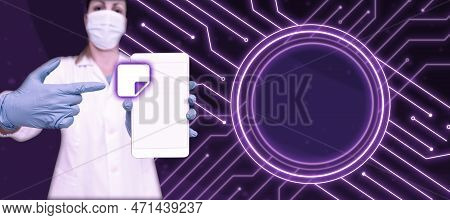 Doctor In Uniform Standing Holding Phone In Hand Pointing To Cellphone, Bussiness Woman Carrying Mob