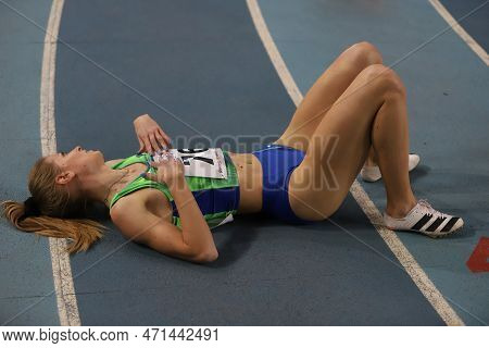 Istanbul, Turkey - March 05, 2022: Anita Horvat Running During Balkan Athletics Indoor Championships