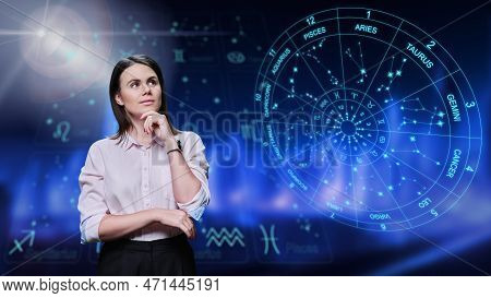 Portrait Of Young Woman, On Background With Astrological Symbols