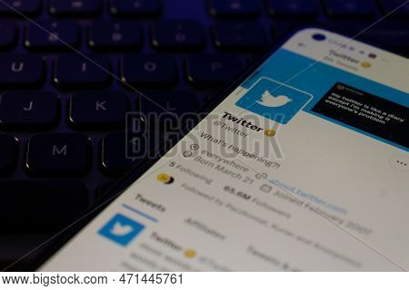 Warsaw Poland - February 22, 2023: Smartphone With Twitter Logo On The Screen. Mobile Phone Is On La