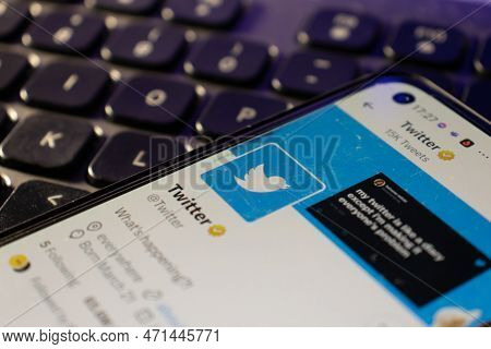 Warsaw Poland - February 22, 2023: Smartphone With Twitter Logo On The Screen. Mobile Phone Is On La