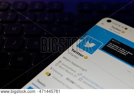 Warsaw Poland - February 22, 2023: Smartphone With Twitter Logo On The Screen. Mobile Phone Is On La