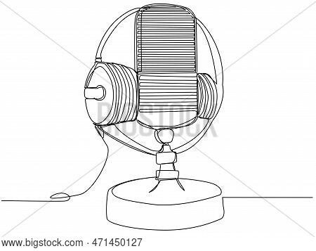 Round Studio Microphone In One Line On A White Background. The Concept Of Audio Podcast, Stream, Stu