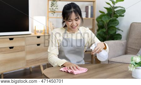Housewife is cleaning things or Wipe down and dining table in the house the living room, Big cleanin
