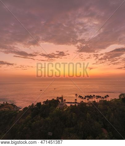 aerial panorama photography colorful sky in twilight above Promthep cape viewpoint . Promthep cape