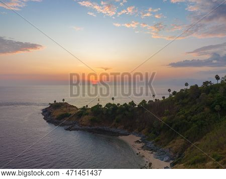 Aerial Panorama View  Sky In Sunset At Promthep Cape.promthep Cape Is The Most Popular And Famous Vi