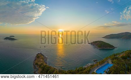 Aerial Panorama View  Sky In Sunset At Promthep Cape.promthep Cape Is The Most Popular And Famous Vi
