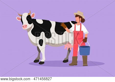 Graphic Flat Design Drawing Female Farmer Character Standing Near Cow With Bucket. Woman Feeding Far