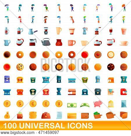 100 Universal Icons Set. Cartoon Illustration Of 100 Universal Icons Set Isolated On White Backgroun