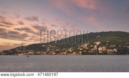 View Of The Mountains Of Kinaliada Island From Marmara Sea, With Traditional Summer Houses And Boats