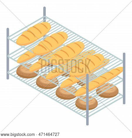 Bakery Factory Bread Rack Icon. Isometric Of Bakery Factory Bread Rack Icon For Web Design Isolated 