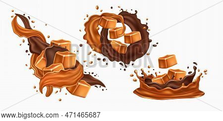 Milk Chocolate, Caramel Splash, Swirl Liquid. Butter Drip And Candy In Cream Wave, Sweet Melting Dri