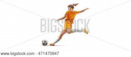 Ralistic Silhouette Of Football Soccer Player Woman In Action Isolated White Background.