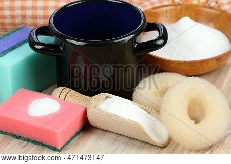 Baking Soda (sodium Bicarbonate)  In A Spoon And On A Sponge. Eco Friendly Natural Cleaners For Kitc