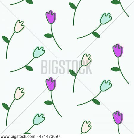 Seamless Pattern With Multicolored Tulips. The Plants Are Spread Out On A Light Blue Background. Vec
