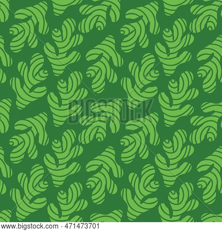 Seamless Pattern With Green Leaves. Plants With Texture Are Spread On A Green Background. Vector Ill