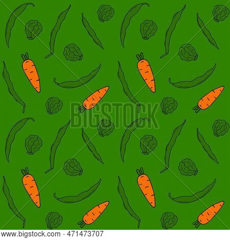 Seamless Pattern With Brussels Sprouts, String Beans And Carrots. Vector Pattern In A Doodle Style.