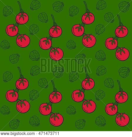 Seamless Pattern With Tomatoes And Brussels Sprouts. Vegetables, Proper Nutrition. Vector Pattern In