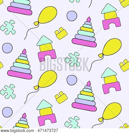 Seamless Children\'s Vector Pattern With A Children's Pyramid, Cubes And Balloons In A Doodle-style.