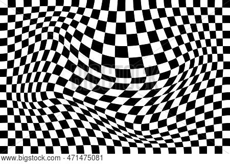 Distorted Chequered Chessboard Background. Vaporing, Stretching, Deeping Effect. Psychedelic Pattern
