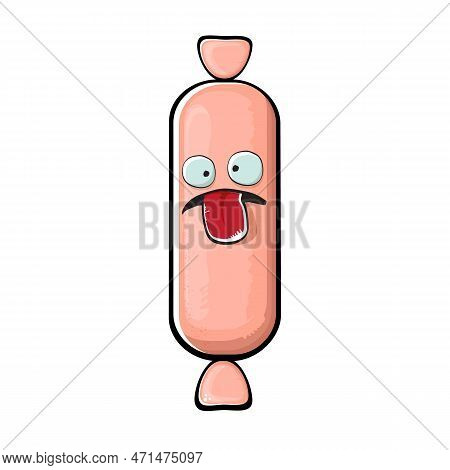 Cartoon Sausage Characters Isolated On White Background. Funky Meat Sausage Character With Eyes And 