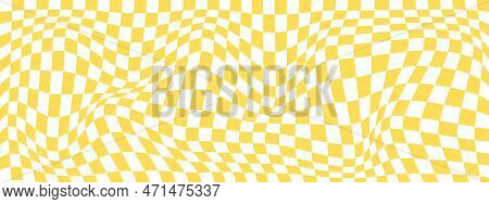 Psychedelic Pattern With Warped Orange And White Squares. Trippy Checkerboard Texture. Distorted Che