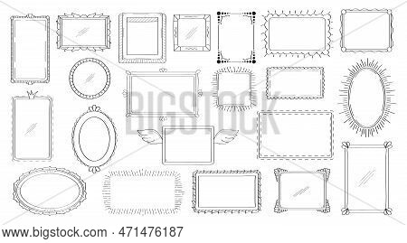 Frames, Mirror Set In Hand Drawn Style. Vintage Image Frame Doodle Labels. Blank Black Square Rectan
