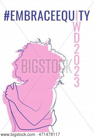 International Women's Day Banner With Pink Woman Hugging Herself. Embrace Equity Movement Illustrati