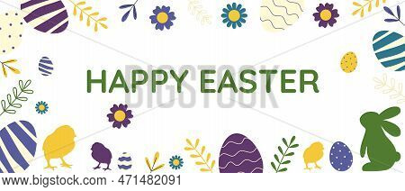 Happy Easter Horizontal Banner Template. Easter Background With Eggs, Bunnys,chiks And Flowers.vecto