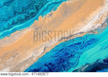 Abstract Fluid Art Background Bluem Beige Colors. Liquid Marble. Acrylic Painting On Canvas With Lil