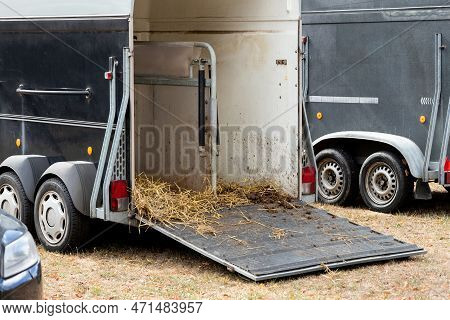Horse Box Cargo Trailer Transport With Open Tailgate With Hay And Manure And Horse Transportation Va