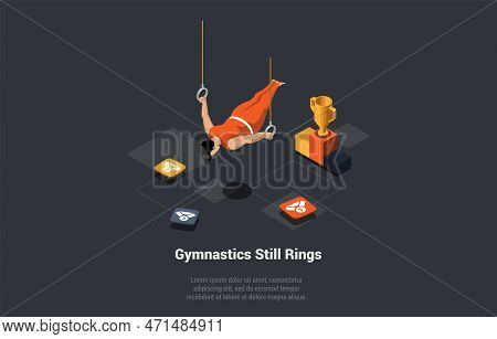 Concept Of Healthy Lifestyle And Acrobatics. Male Character Gymnactic Acrobat Does Exercises On Gymn