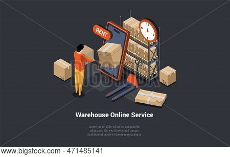 Warehouse Online Service, Garage Rental And Self Storage Unit Concept. Male Character Is Working In 