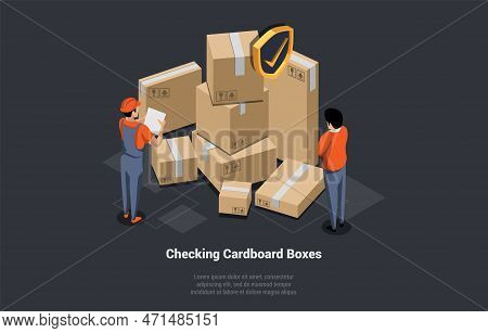 Warehouse, Garage Rental And Self Storage Unit Concept. Characters Are Working In Warehouse With Car