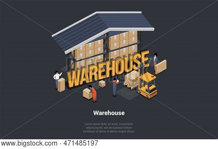 Delivery Date Of Goods, Parcels And Gifts Concept. Storehouse Worker Courier With Cardboard Box In H