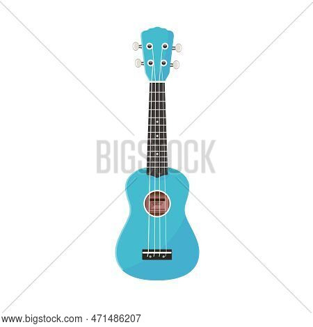 Small Blue Guitar With Four Strings. Hawaiian Blue Ukuleles. Isolated On White Background, There Is 