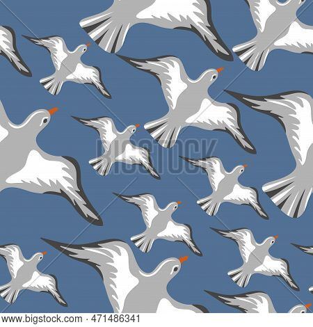 Seamless Pattern With Hand Drawn Flying Seagulls. Seabirds. Concept Of Sea And Ocean Life. Modern Pr