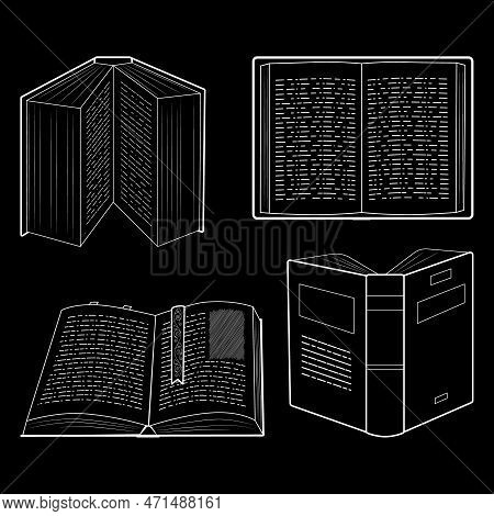 Set Of Open Books White Outline On Black Background. Simple Vector Illustration.