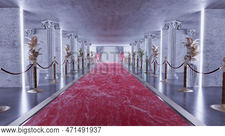 3d Render Of Concrete  Tunne With Red Carpet And Barriers , Abstract Concrete Tunnel Background Geom