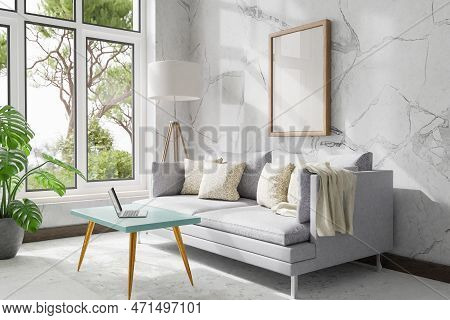 Cozy Living Room Interior In Room Corner; Sunlight Shining Trough Window; Floorlamp And Couch Table 
