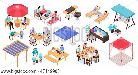 Isometric Garden Furniture Set With Isolated Icons Human Characters And Patio Furniture Images On Bl