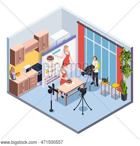 Blogging Isometric Composition With Operator And Confectioner Filming Cooking Show At Kitchen Interi
