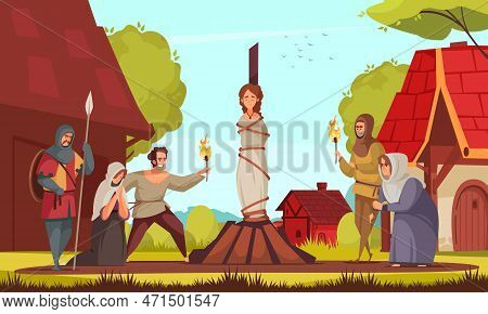 Medieval People Witch Composition Woman Tied To Stake People Came To The Execution Vector Illustrati