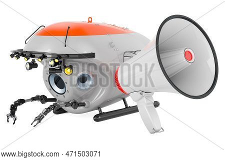 Megaphone With Bathyscaphe, 3d Rendering Isolated On White Background